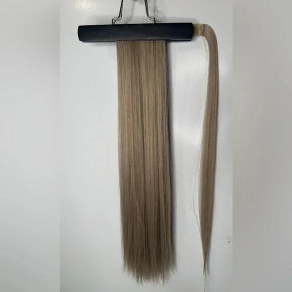 28” Human Hair Blend Wrap Around Ponytail – Silk Straight, Natural Ash Blonde - Picture 9 of 10